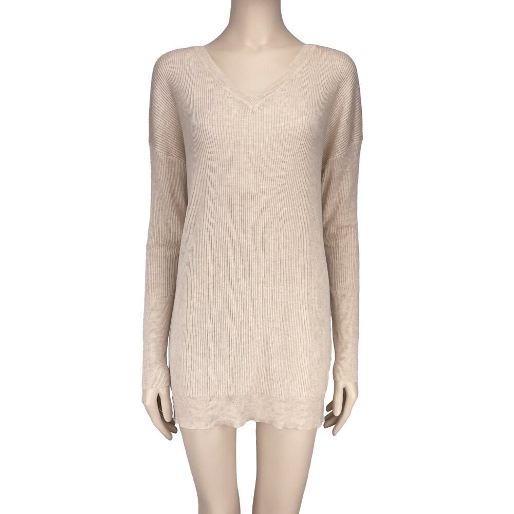 Filippa K Quiet‎ Luxury Neutral Oat Drapey Tunic Ribbed V-Neck Beige Top Sz XS